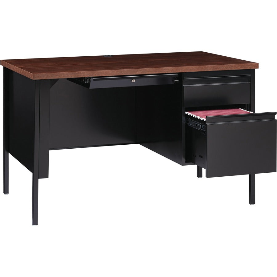 Lorell Fortress Series 48" Right Single-Pedestal Desk, Laminated Walnut Top, Black Walnut Steel, 30" x 48" x 29.5", 1 Each