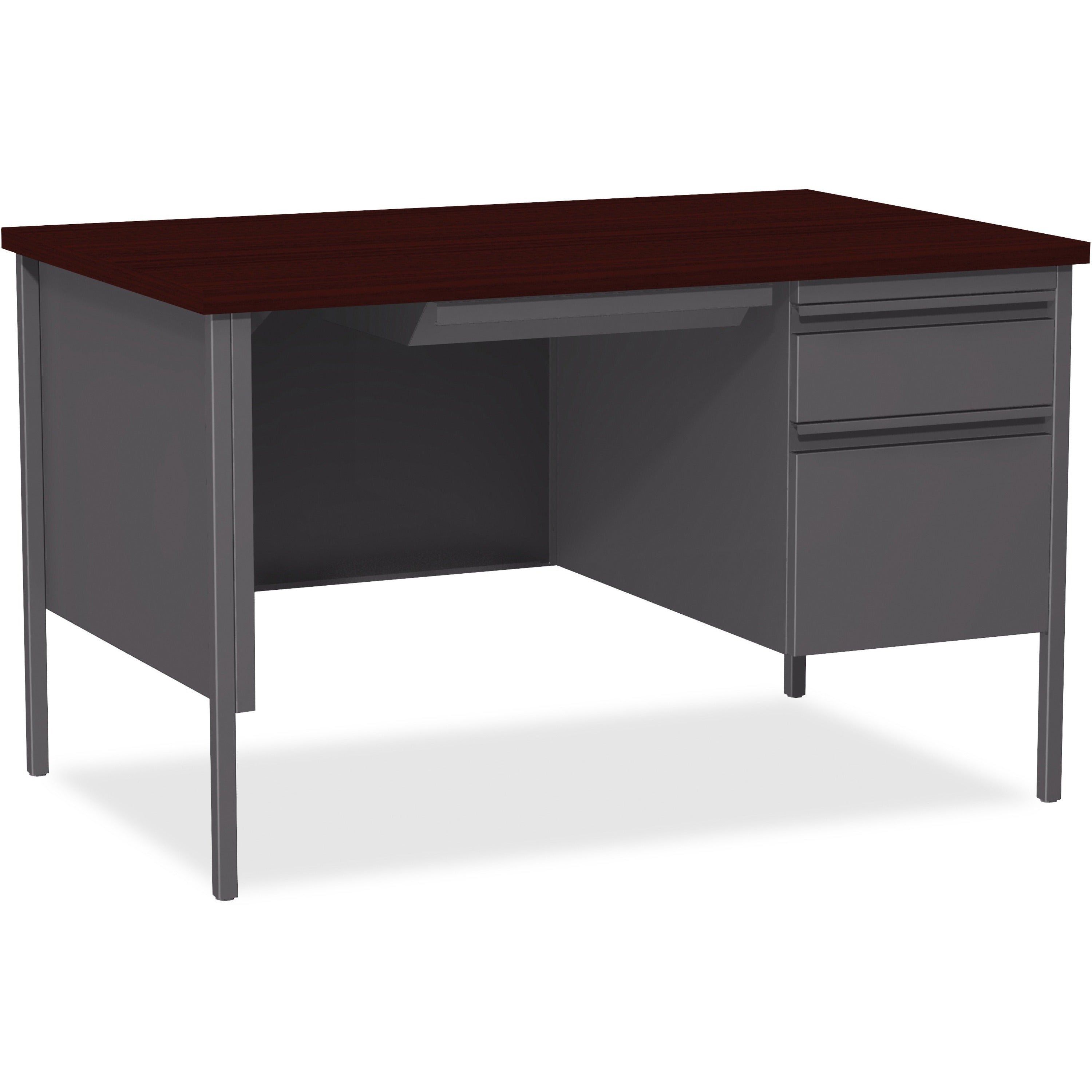 Lorell Fortress Series 48" Right Single-Pedestal Desk, Mahogany Laminate Top, Steel Frame, 30" x 48" x 29.5", 1 Each