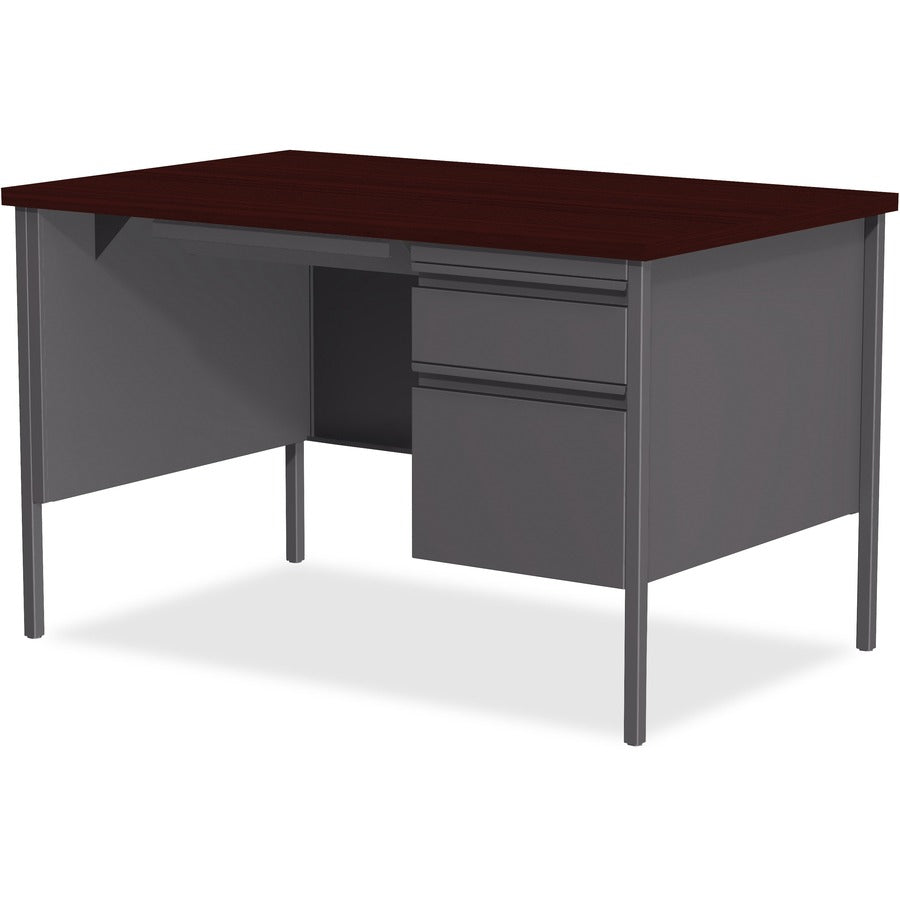 Lorell Fortress Series 48" Right Single-Pedestal Desk, Mahogany Laminate Top, Steel Frame, 30" x 48" x 29.5", 1 Each