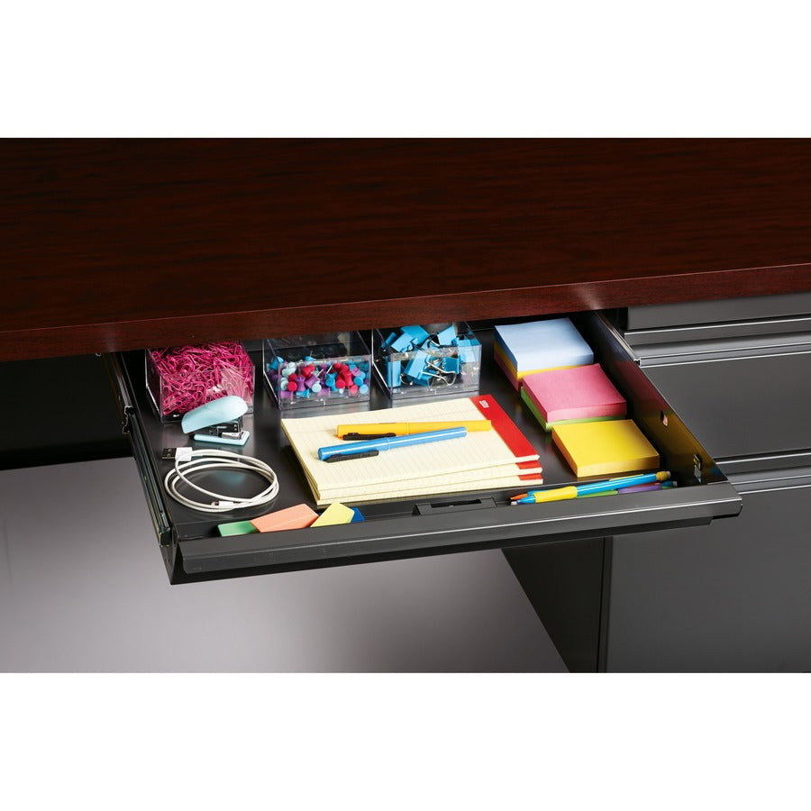 Lorell Fortress Series 48" Right Single-Pedestal Desk, Mahogany Laminate Top, Steel Frame, 30" x 48" x 29.5", 1 Each