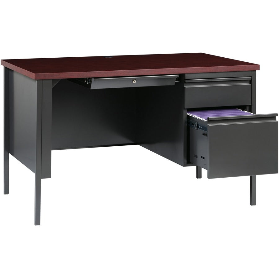 Lorell Fortress Series 48" Right Single-Pedestal Desk, Mahogany Laminate Top, Steel Frame, 30" x 48" x 29.5", 1 Each