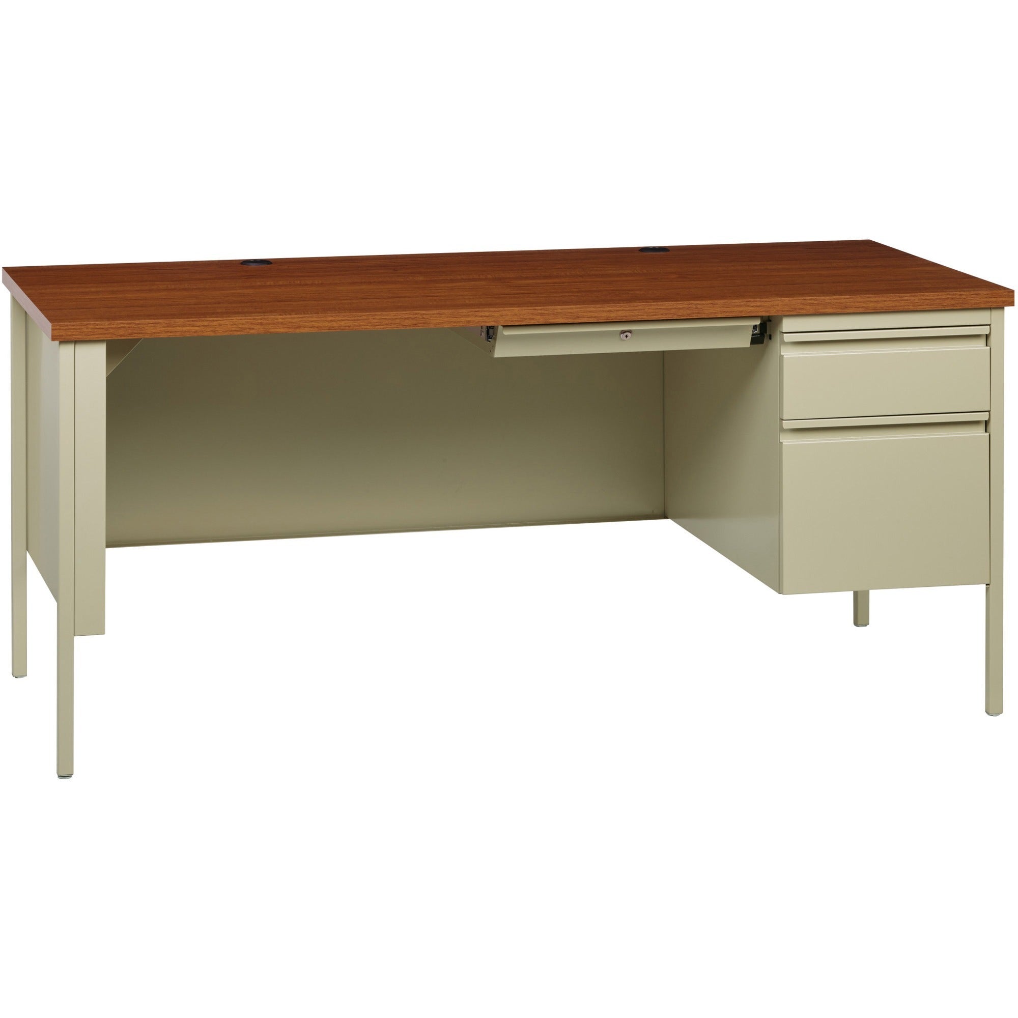 Lorell Fortress Series 66" Right-Pedestal Desk, Oak Laminate Top, 30" x 66" x 29.5", Steel Frame, Putty/Oak Finish, 1 Each