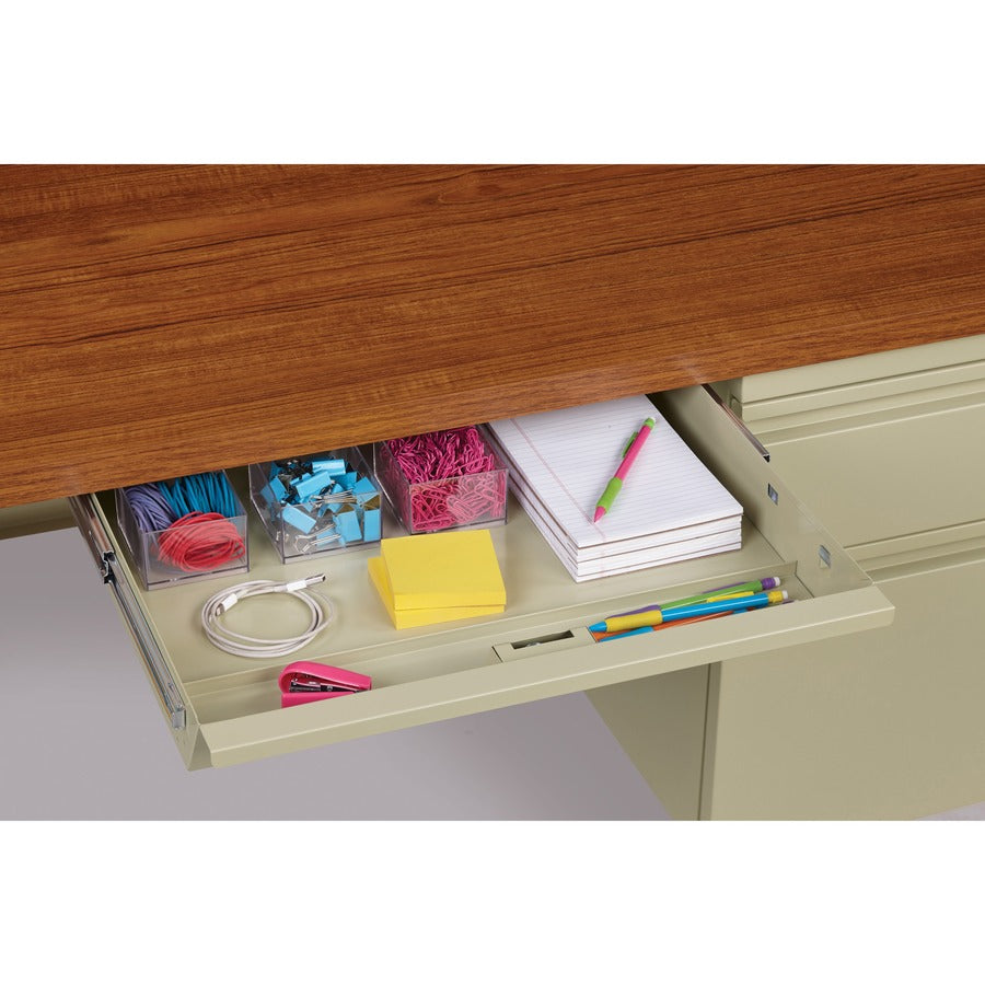 Lorell Fortress Series 66" Right-Pedestal Desk, Oak Laminate Top, 30" x 66" x 29.5", Steel Frame, Putty/Oak Finish, 1 Each