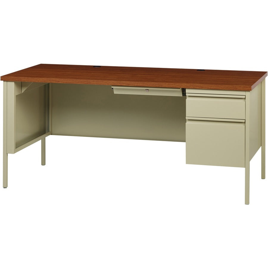 Lorell Fortress Series 66" Right-Pedestal Desk, Oak Laminate Top, 30" x 66" x 29.5", Steel Frame, Putty/Oak Finish, 1 Each
