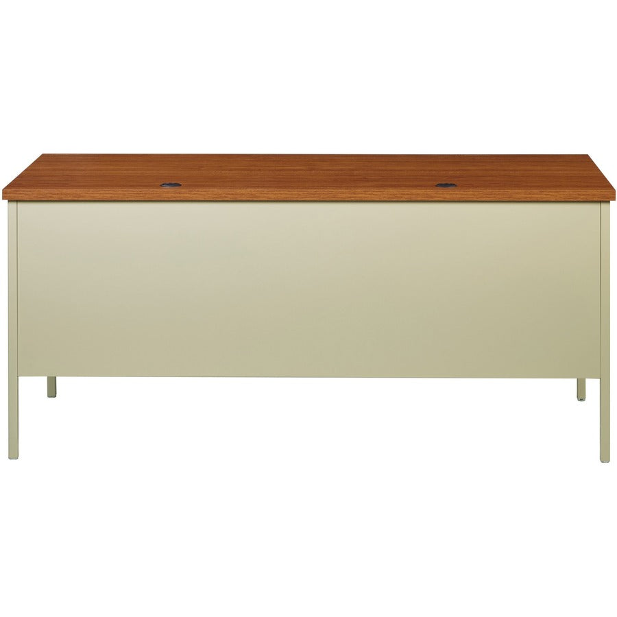 Lorell Fortress Series 66" Right-Pedestal Desk, Oak Laminate Top, 30" x 66" x 29.5", Steel Frame, Putty/Oak Finish, 1 Each