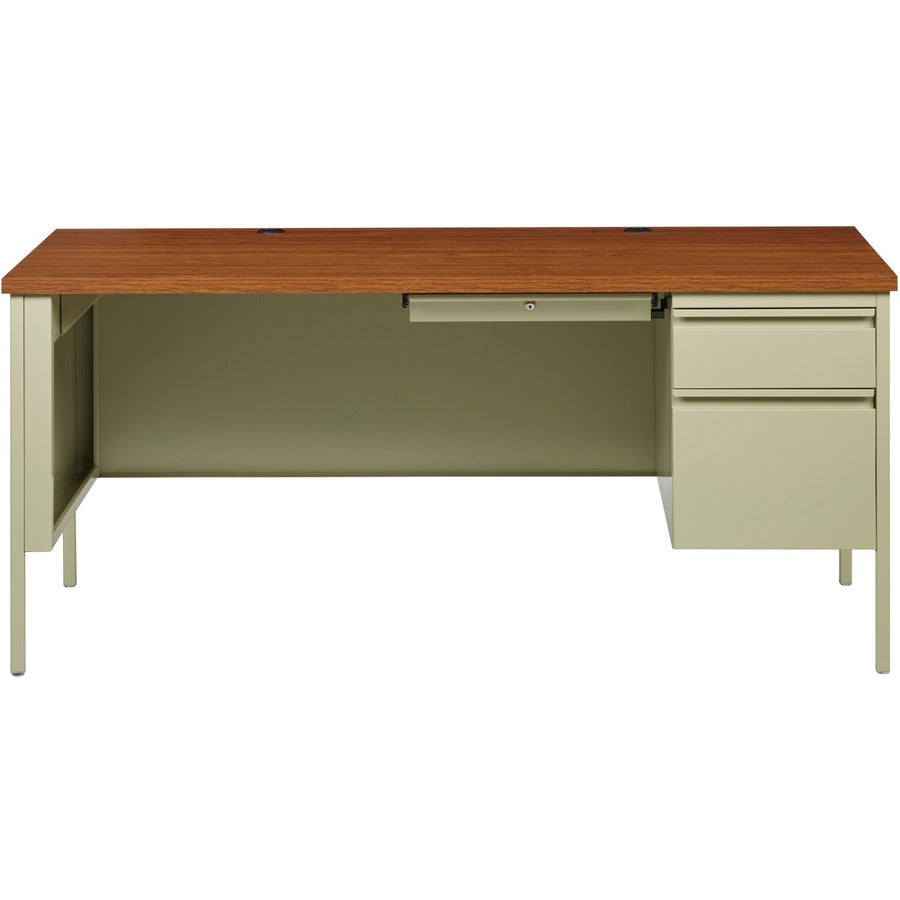 Lorell Fortress Series 66" Right-Pedestal Desk, Oak Laminate Top, 30" x 66" x 29.5", Steel Frame, Putty/Oak Finish, 1 Each