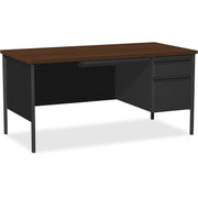 Lorell Fortress Series 66" Right-Pedestal Desk, Laminated Walnut Top, Black Steel, 30" x 66" x 29.5", 1 Each