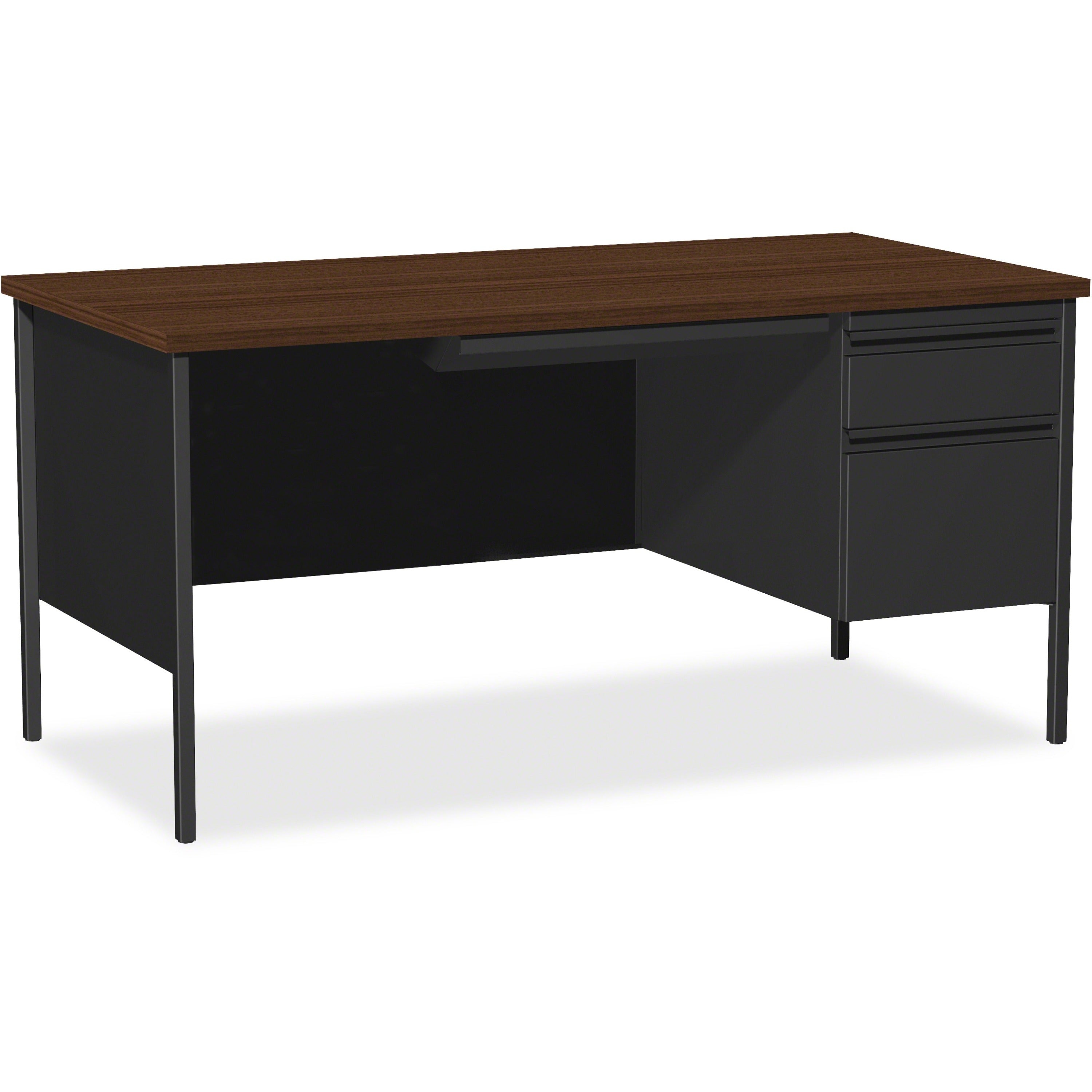 Lorell Fortress Series 66" Right-Pedestal Desk, Laminated Walnut Top, Black Steel, 30" x 66" x 29.5", 1 Each