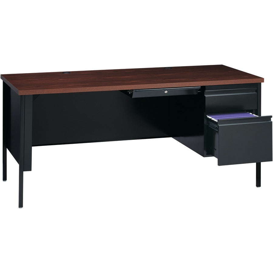 Lorell Fortress Series 66" Right-Pedestal Desk, Laminated Walnut Top, Black Steel, 30" x 66" x 29.5", 1 Each