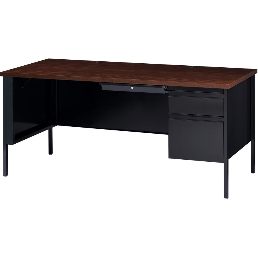 Lorell Fortress Series 66" Right-Pedestal Desk, Laminated Walnut Top, Black Steel, 30" x 66" x 29.5", 1 Each
