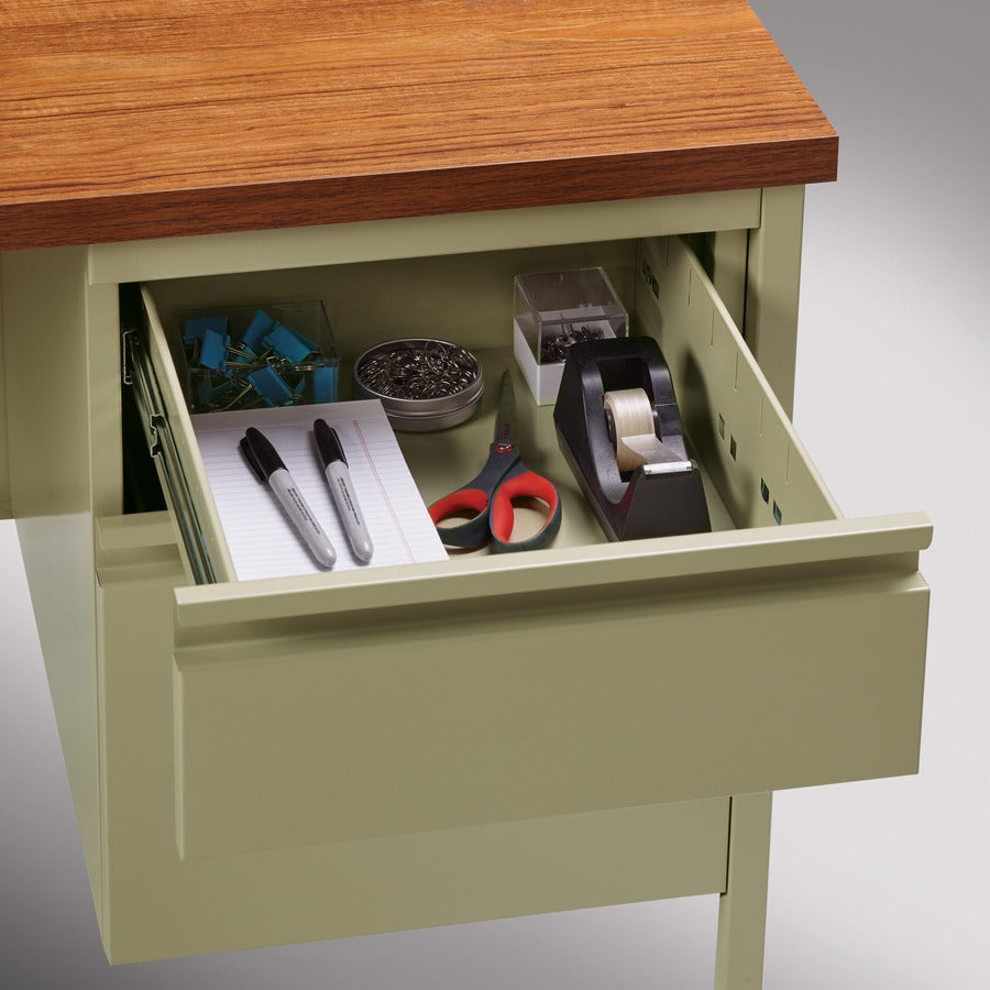 Lorell Fortress Series 48" Right Single-Pedestal Desk, Oak Laminate Top, 30" x 48" x 29.5", Steel, Oak/Putty, 1 Each