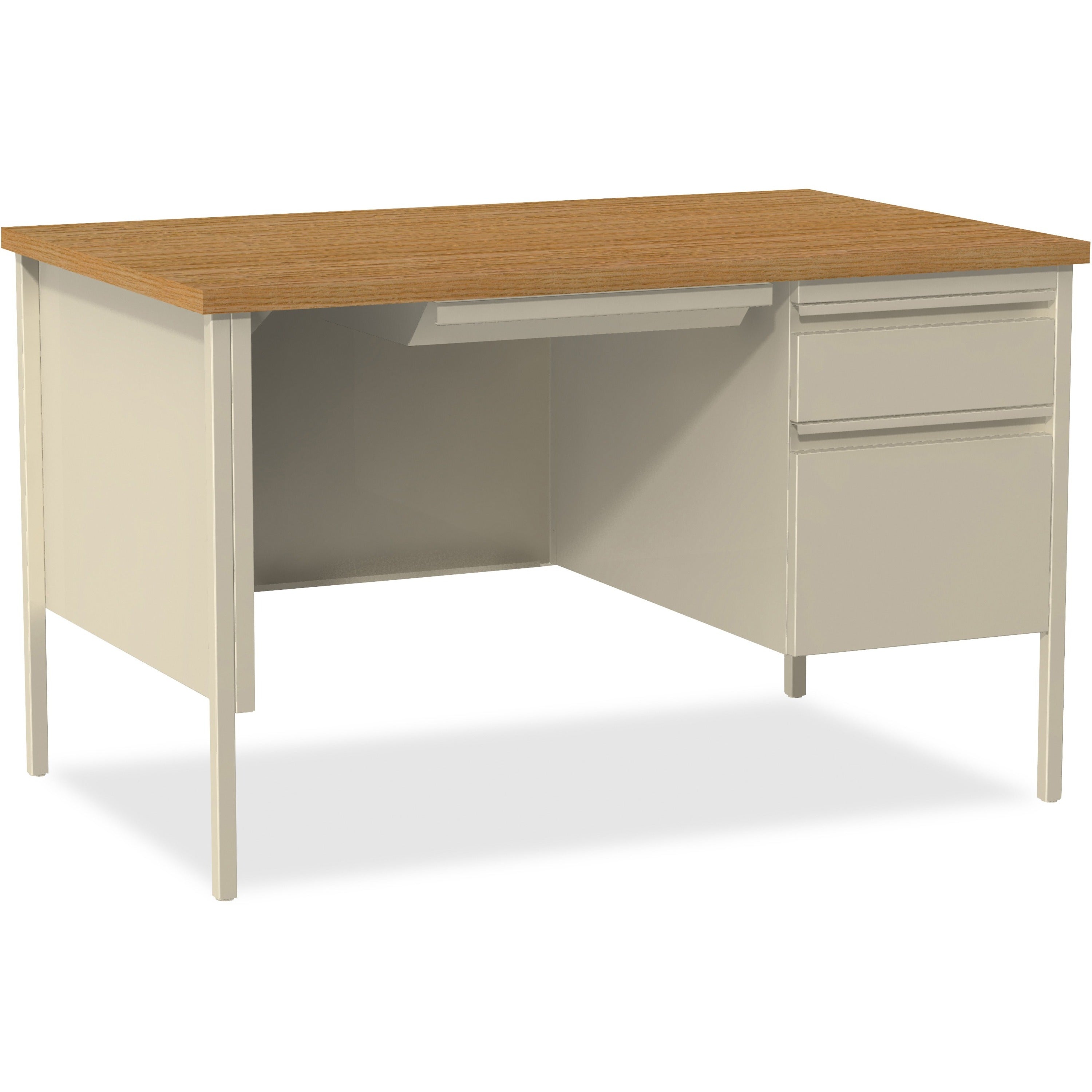Lorell Fortress Series 48" Right Single-Pedestal Desk, Oak Laminate Top, 30" x 48" x 29.5", Steel, Oak/Putty, 1 Each