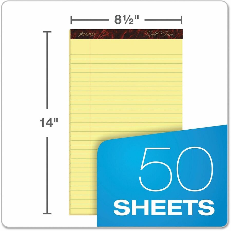 50 Sheets - Watermark - Stapled/Glued - 0.34" Ruled - 16 lb Basis Weight - Legal - 8 1/2" x 14" Sheet Size - Yellow Paper - Bleed-free, Chipboard Backing, Micro Perforated - 1 Dozen