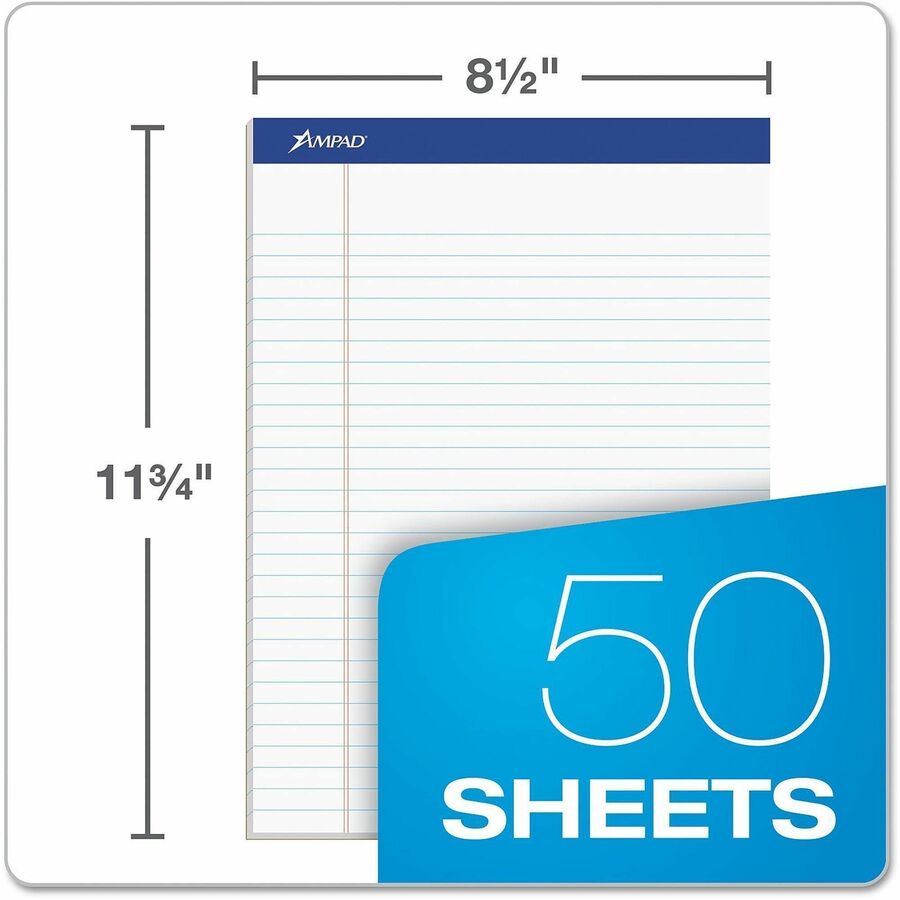 50 Sheets - 0.34" Ruled - 15 lb Basis Weight - 8 1/2" x 11 3/4" Sheet Size - Environmentally Friendly, Perforated, Chipboard Backing, Rigid - 12 / Dozen
