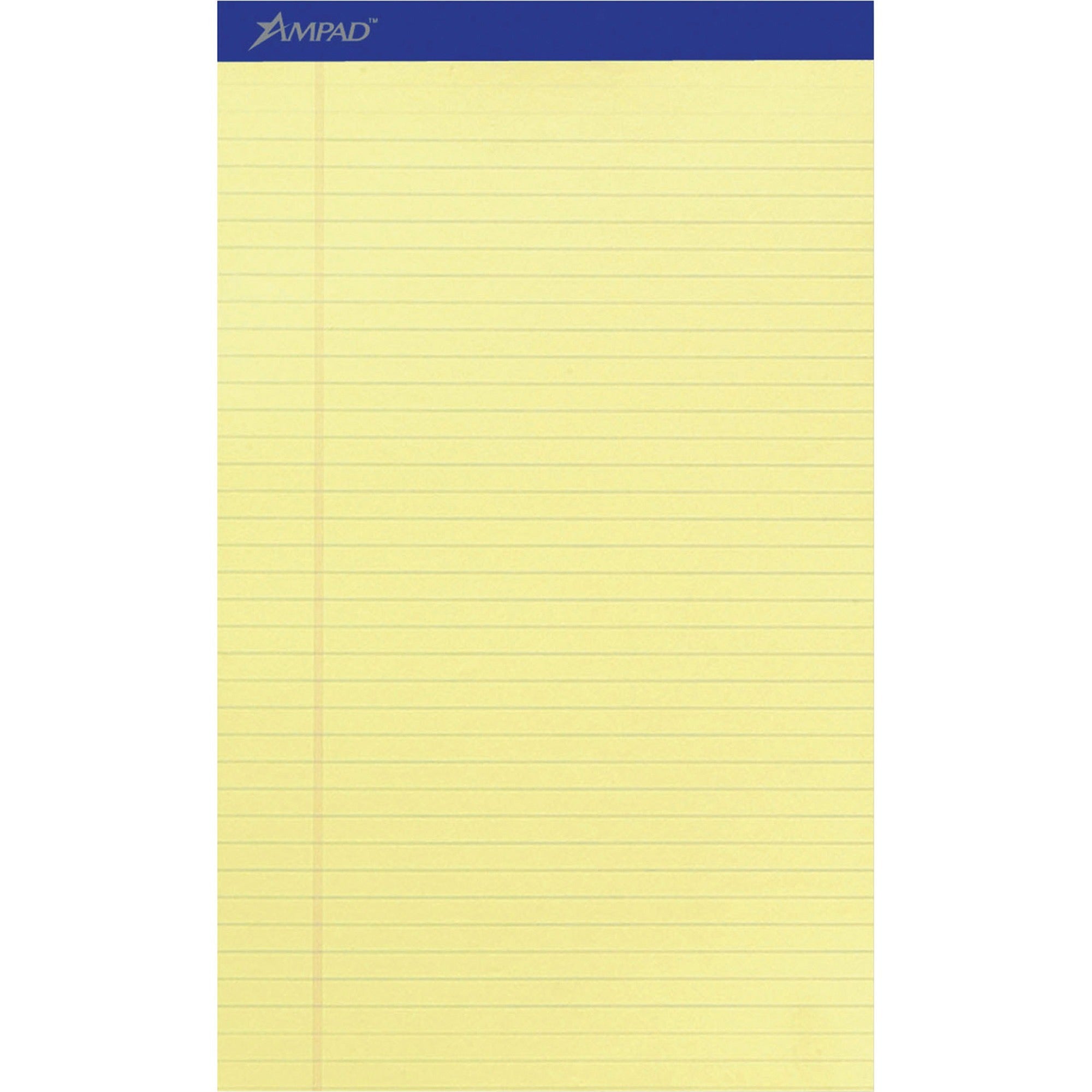Ampad Writing Pad, Legal Size 8.5" x 14", Canary Yellow, 50 Sheets per Pad, Stapled Dark Blue Top, Perforated, Sturdy Chipboard Backing, Tear Resistant, 1 Dozen