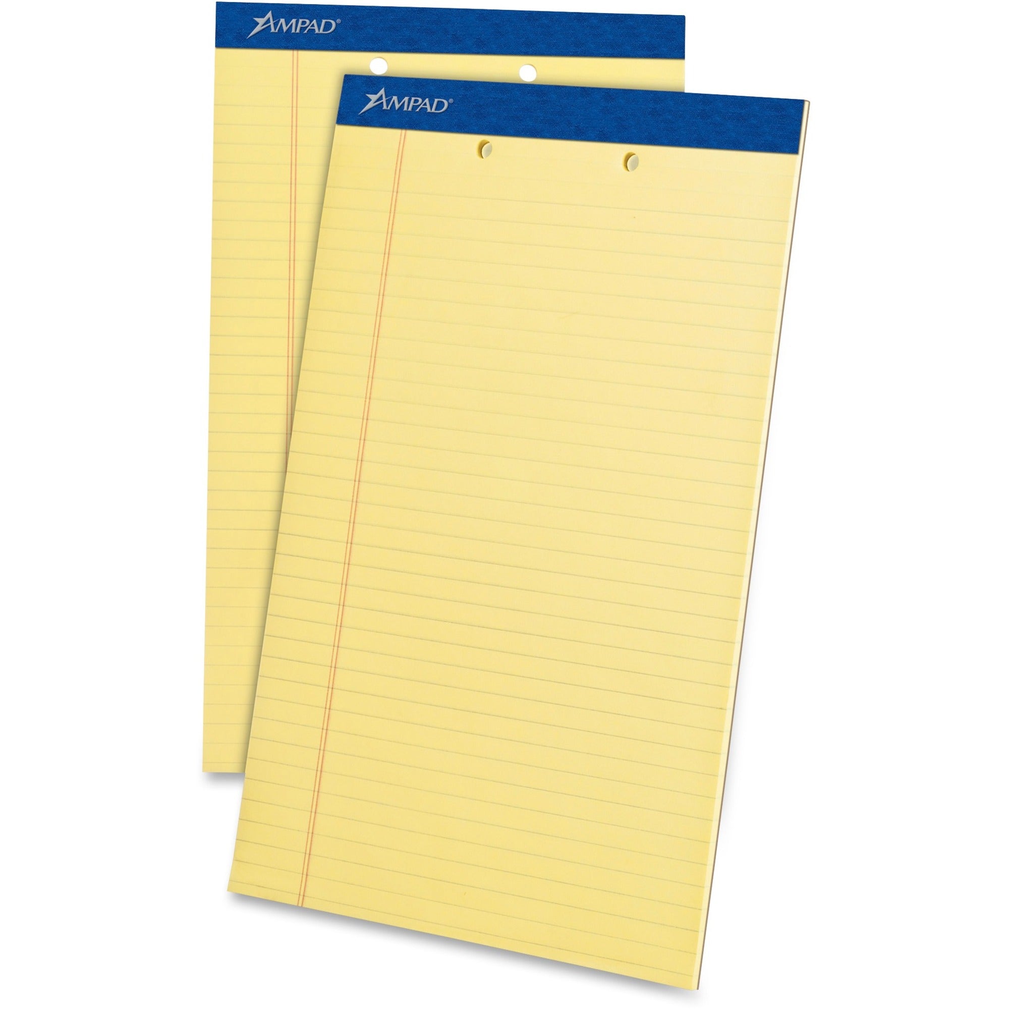 Ampad Writing Pad, Legal Size 8.5" x 14", Canary Yellow, 50 Sheets per Pad, 2-Hole Punched, Stapled Dark Blue Top, Perforated, Sturdy Chipboard Backing, Tear Resistant, 1 Dozen