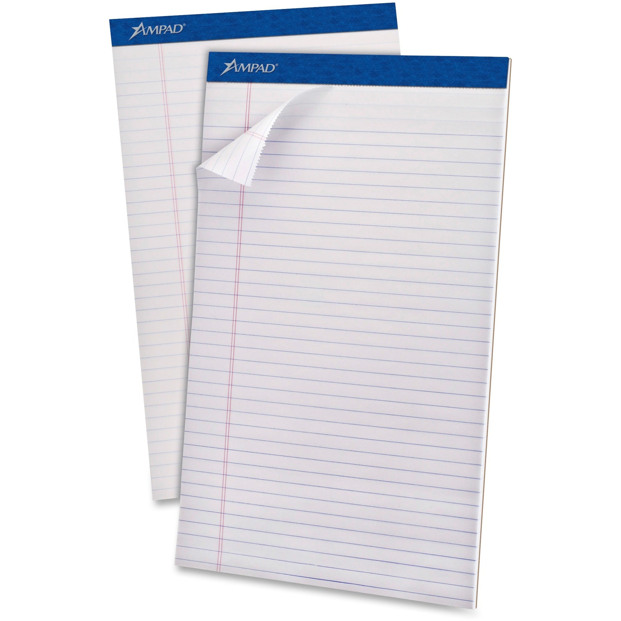 50 Sheets - Stapled - 0.34" Ruled - 20 lb Basis Weight - Legal - 8 1/2" x 14" Sheet Size - White Paper - White Cover - Sturdy Back, Header Strip, Pinhole Perforated, Chipboard Backing - 1 Dozen