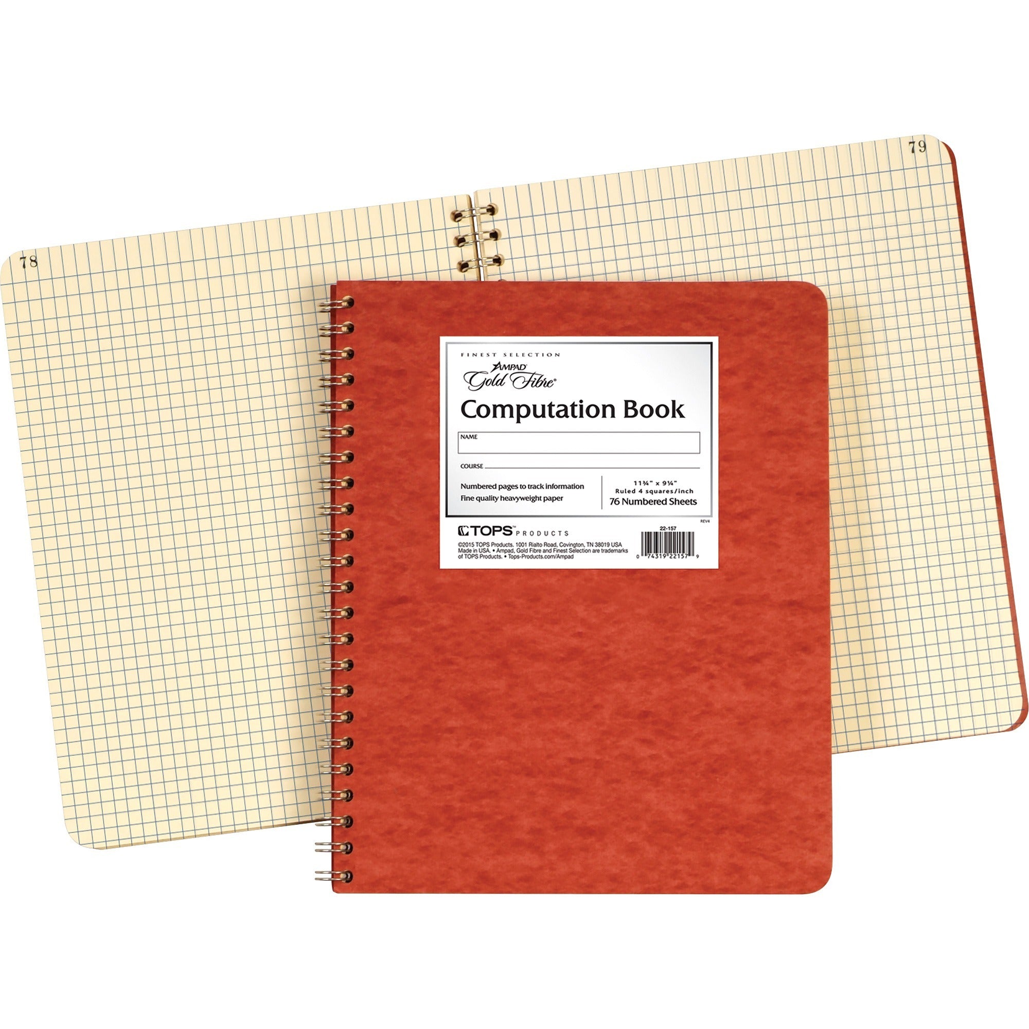 75 Sheets - Double Wire Spiral - 24 lb Basis Weight - 9 1/4" x 11 3/4" Sheet Size - Ivory Paper - Red Pressboard Cover - Numbered, Heavy Duty Cover, Hard Cover, Chipboard Backing, Label - 1 Each