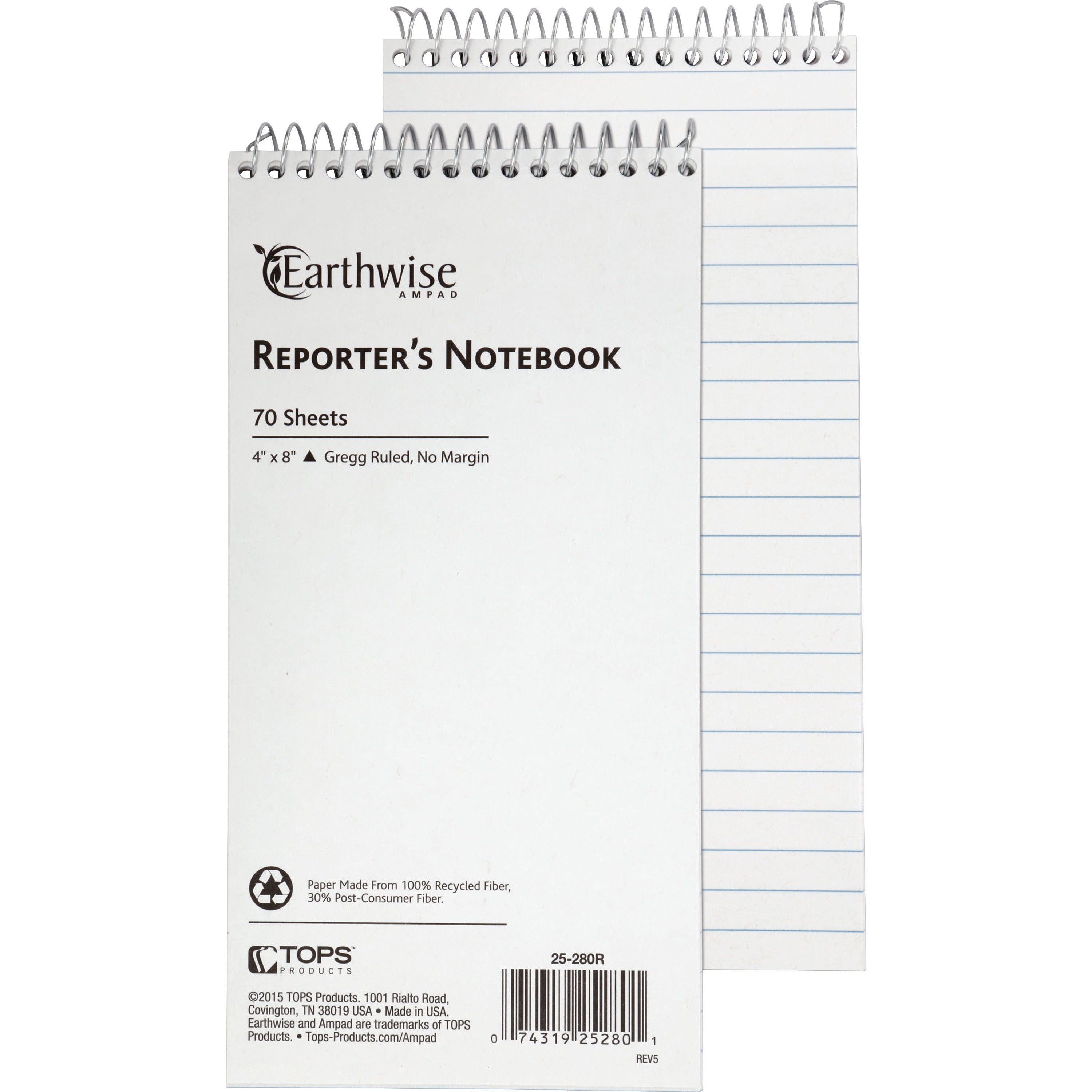 70 Sheets - Wire Bound - Front Ruling Surface - 0.34" Ruled - 15 lb Basis Weight - 4" x 8" Sheet Size - White Paper - WireLock, Chipboard Backing, Micro Perforated, Easy Tear, Snag Resistant - Recycled - 1 Each