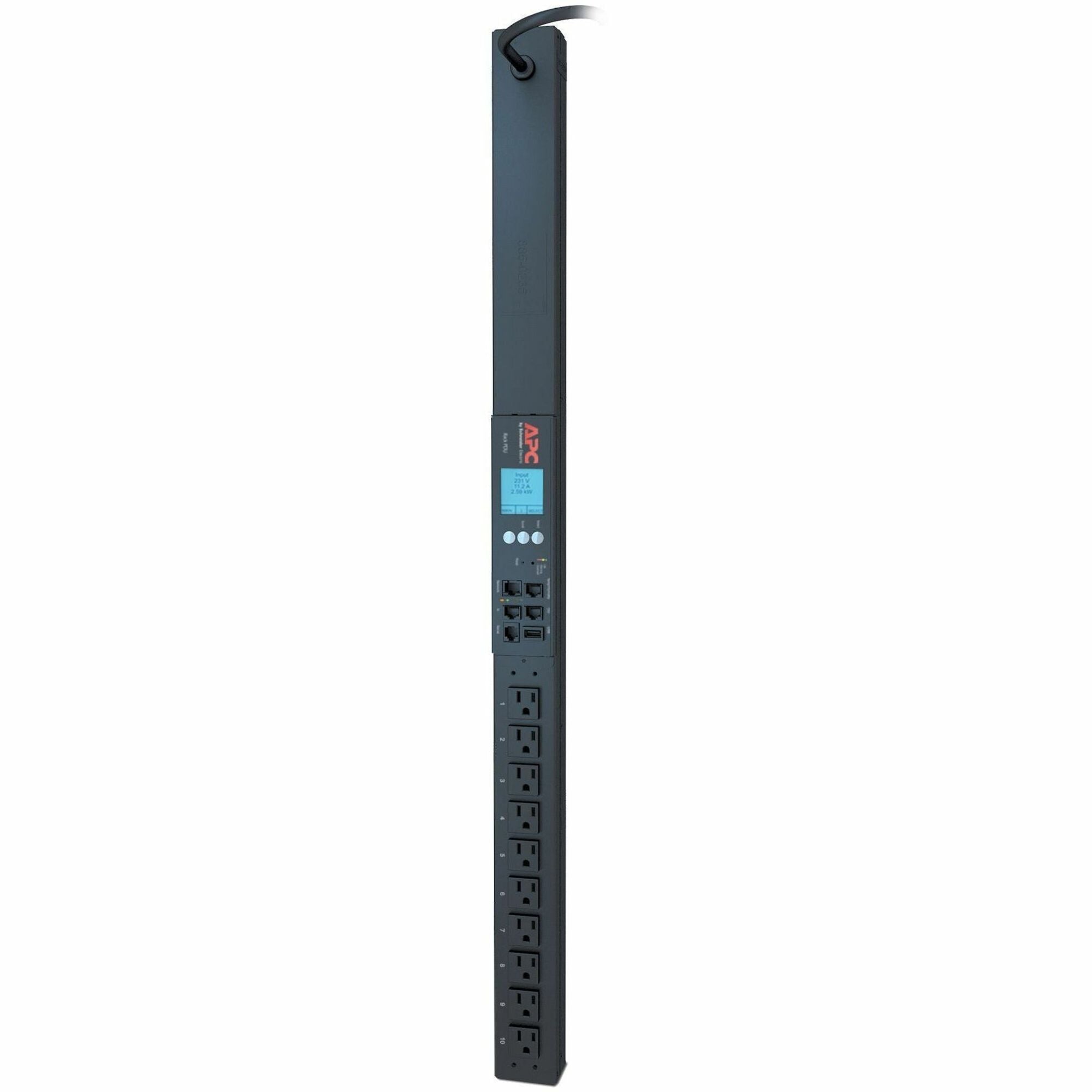APC by Schneider Electric Metered Rack PDU, 10 x NEMA 5-15R Outlets, NEMA 5-15P Plug, 100V/120V, 1440W, Circuit Protection, 9.51 ft Cord, 0U Vertical Rack-Mountable, 1 Each