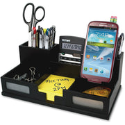 Victor Phone Holder Desk Organizer, 6 Compartments, 4" x 5.50" x 10.40", Matte Black, Frosted Glass/Wood/Rubber, 1 Each