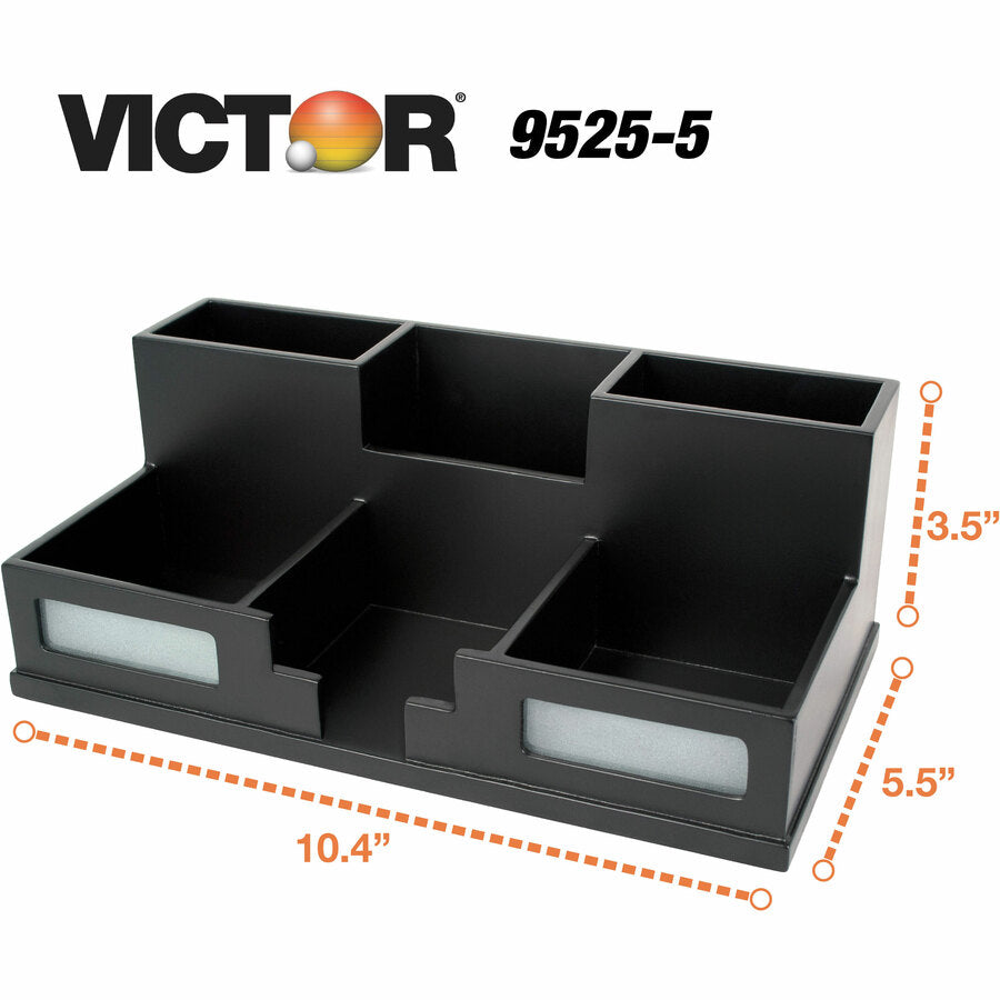 Victor Phone Holder Desk Organizer, 6 Compartments, 4" x 5.50" x 10.40", Matte Black, Frosted Glass/Wood/Rubber, 1 Each