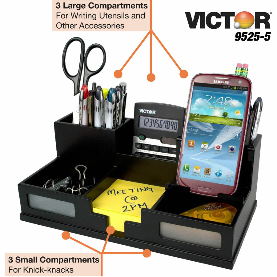Victor Phone Holder Desk Organizer, 6 Compartments, 4" x 5.50" x 10.40", Matte Black, Frosted Glass/Wood/Rubber, 1 Each