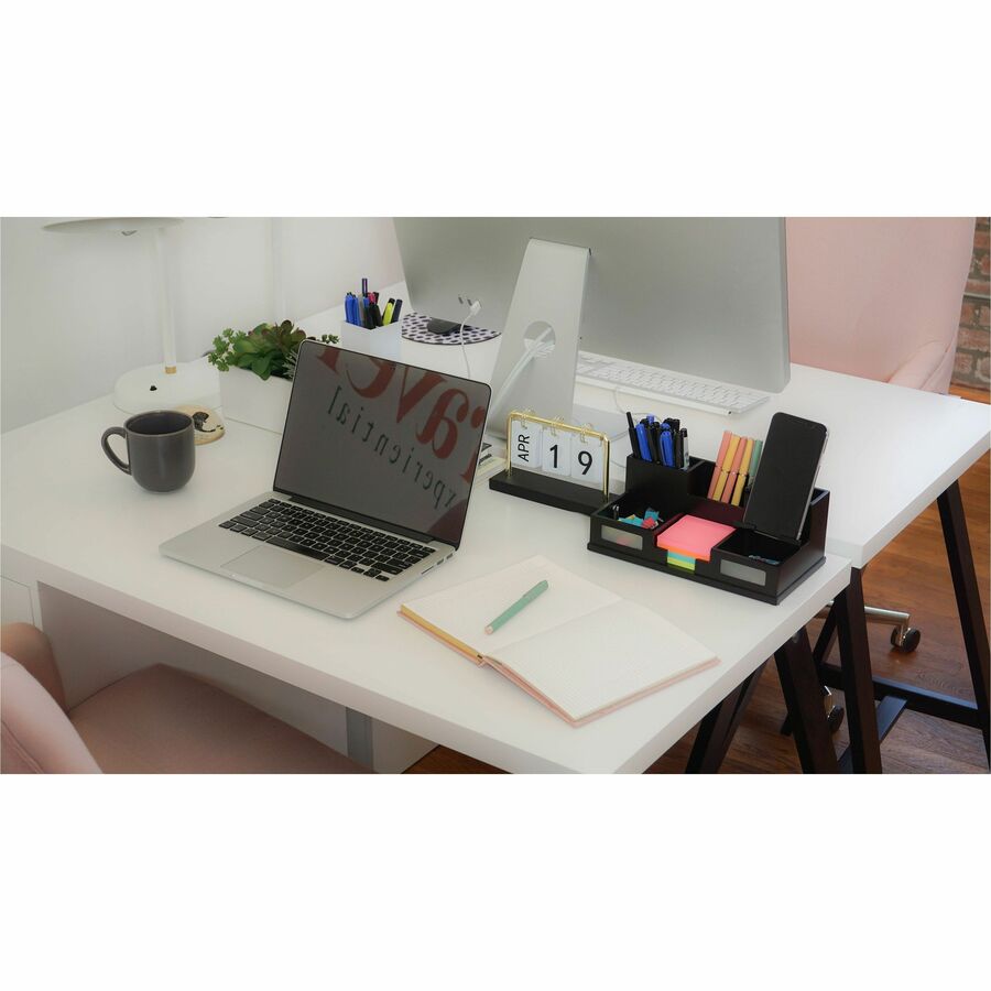 Victor Phone Holder Desk Organizer, 6 Compartments, 4" x 5.50" x 10.40", Matte Black, Frosted Glass/Wood/Rubber, 1 Each