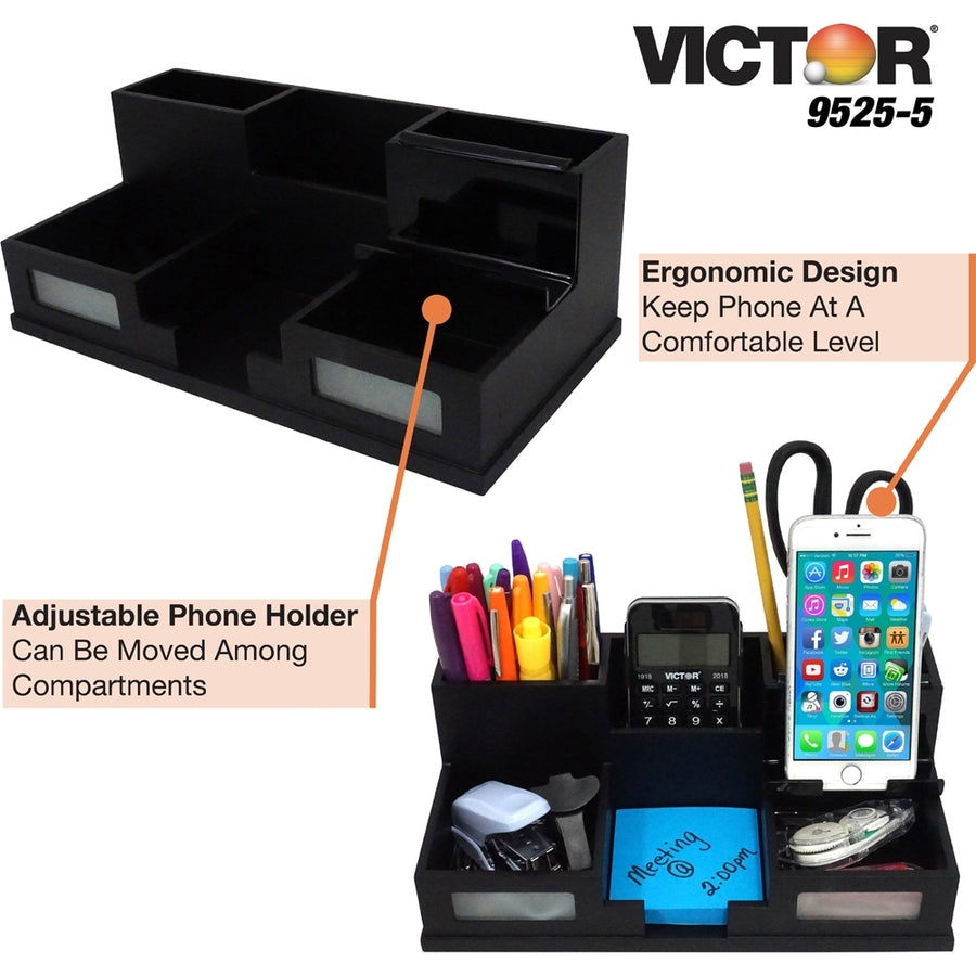 Victor Phone Holder Desk Organizer, 6 Compartments, 4" x 5.50" x 10.40", Matte Black, Frosted Glass/Wood/Rubber, 1 Each