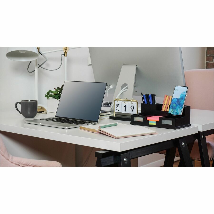 Victor Phone Holder Desk Organizer, 6 Compartments, 4" x 5.50" x 10.40", Matte Black, Frosted Glass/Wood/Rubber, 1 Each
