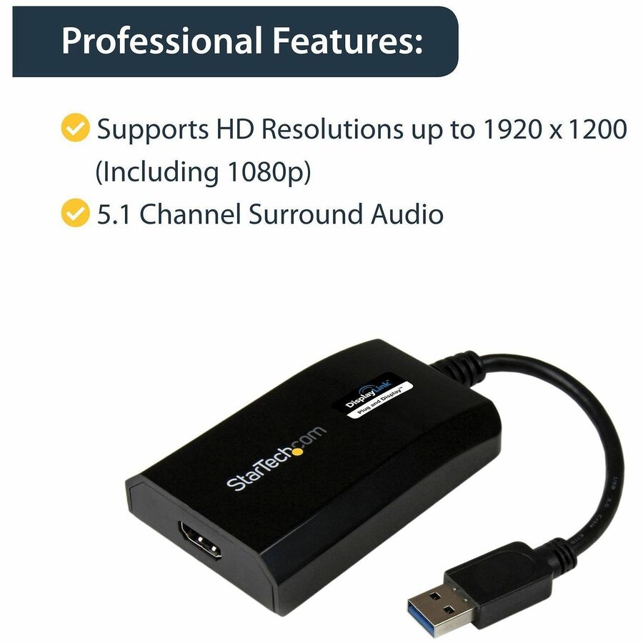 StarTech.com USB 3.0 to HDMI Adapter, 1 x 9-pin USB 3.0 Type A Male to 1 x 19-pin HDMI Female, Black, 1 Each