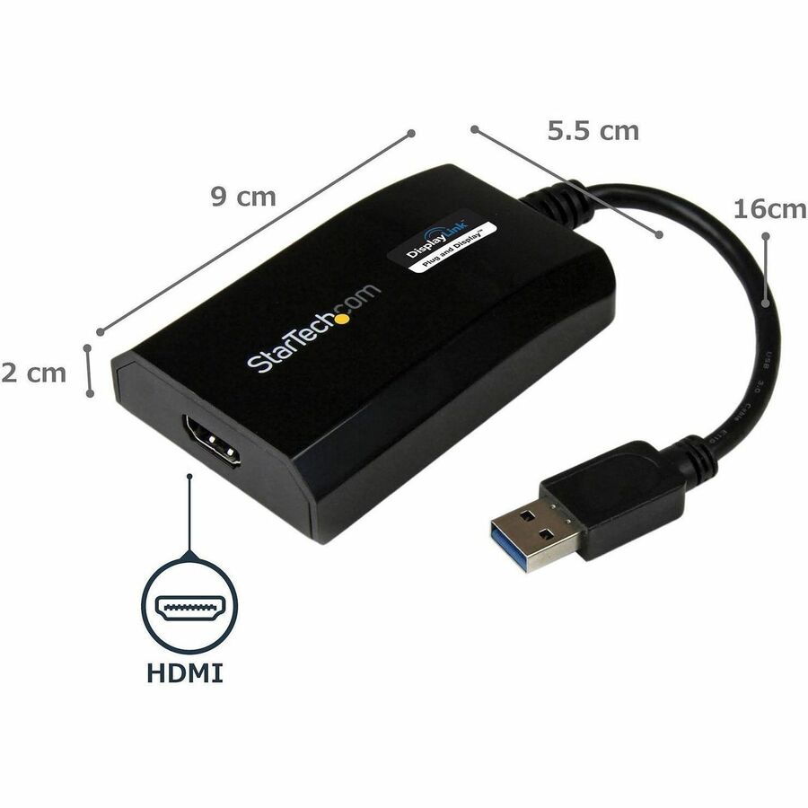 StarTech.com USB 3.0 to HDMI Adapter, 1 x 9-pin USB 3.0 Type A Male to 1 x 19-pin HDMI Female, Black, 1 Each