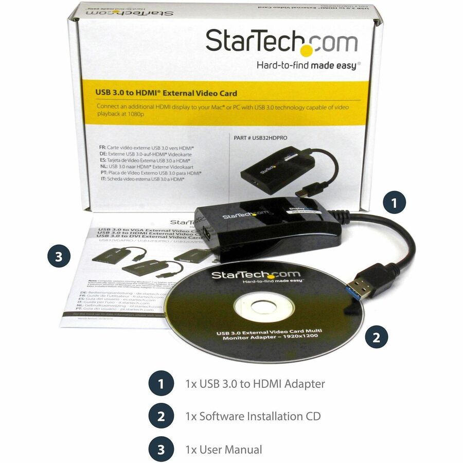 StarTech.com USB 3.0 to HDMI Adapter, 1 x 9-pin USB 3.0 Type A Male to 1 x 19-pin HDMI Female, Black, 1 Each