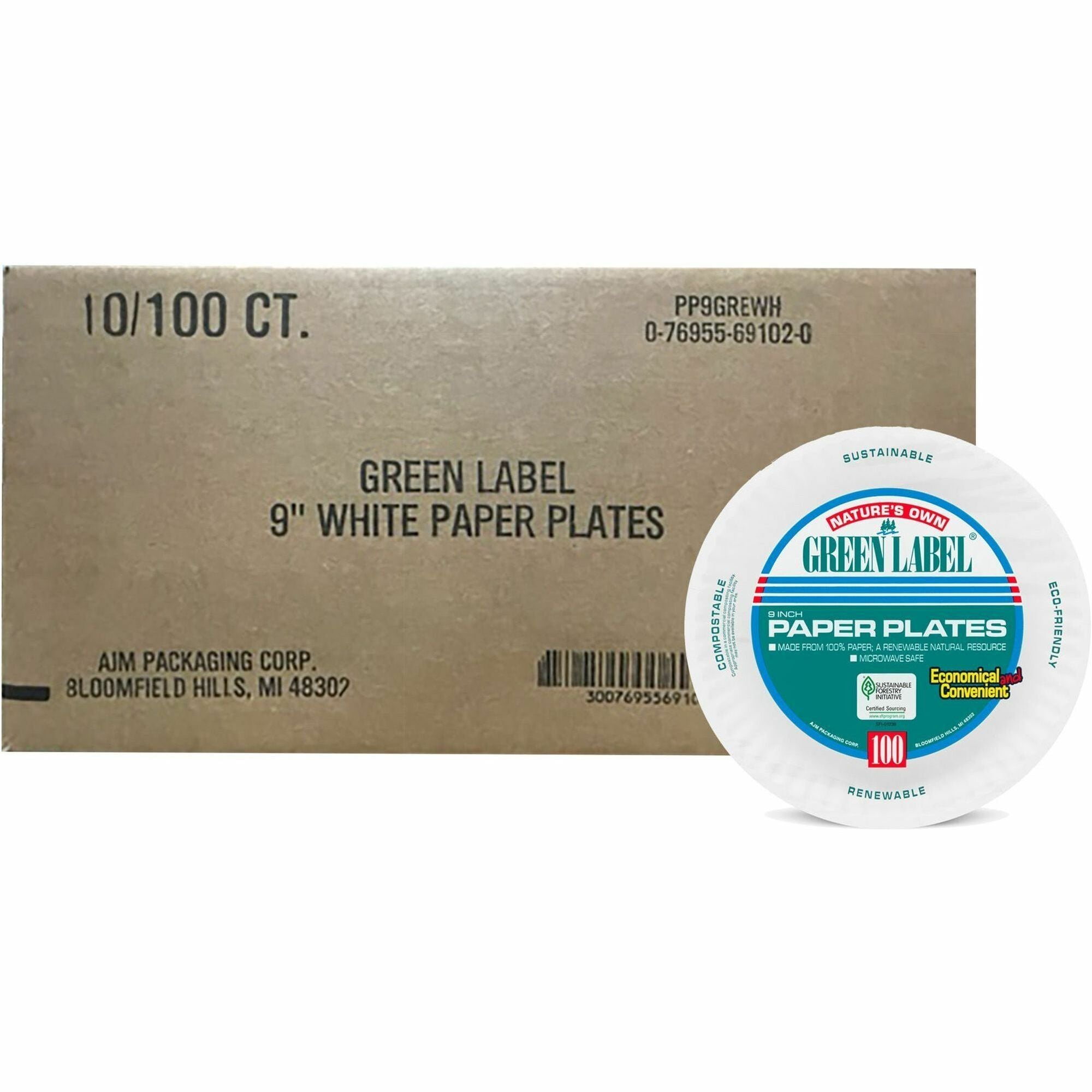 Microwave Safe - 9" Diameter - White - Paper Body - Round - 100/Pack - 10 / Carton