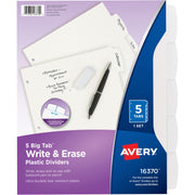 Avery Big Tab Write & Erase Dividers, 5 White Plastic Dividers per Set, 8.5" x 11", 3-Hole Punched, Write-On Erasable Tabs