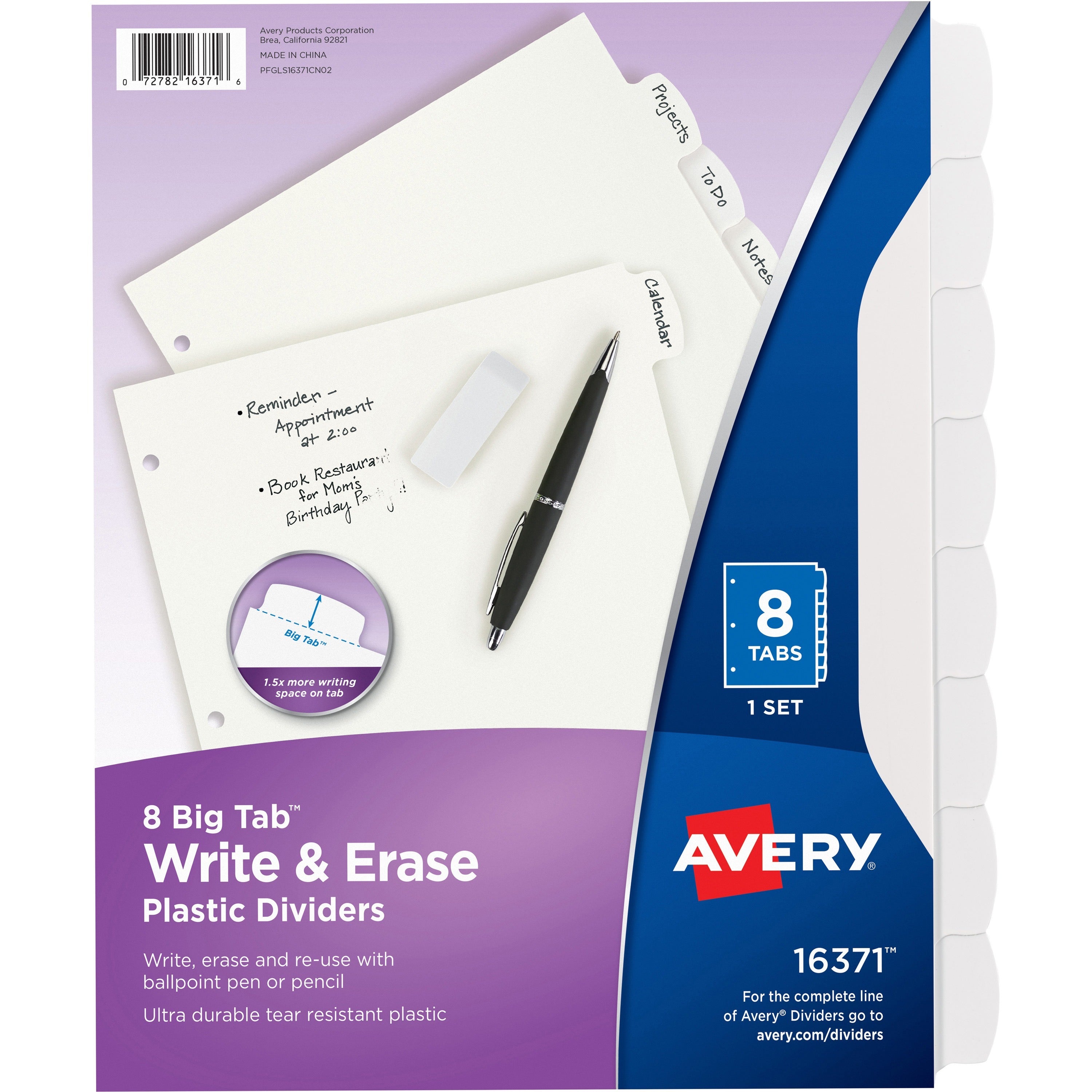 Avery Big Tab Write & Erase Dividers, 8 White Plastic Dividers per Set, 8.5" x 11", 3-Hole Punched, Writable and Erasable Tabs
