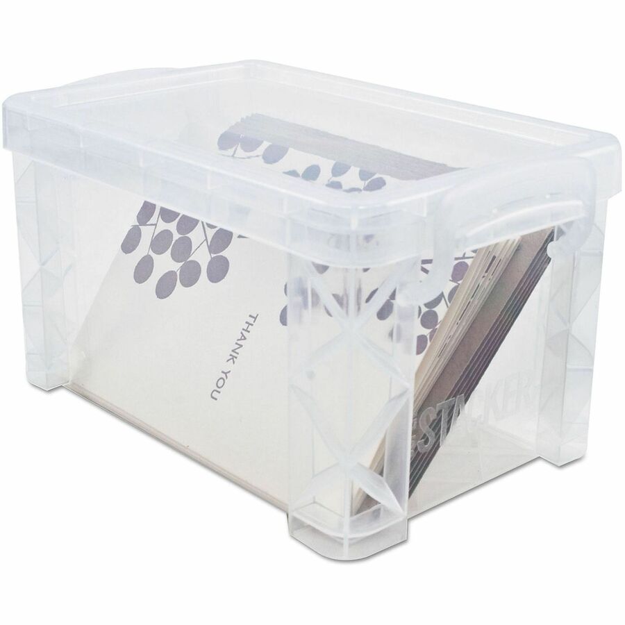 External Dimensions: 6.3" Width x 4" Depth x 3.6" Height - Media Size Supported: Index Card 3" x 5" - 400 x Card - Lift-off Closure - Stackable - Plastic - Clear - For Index Card, Artwork, Craft Supplies, Recipe, Office Supplies, File - 1 Each