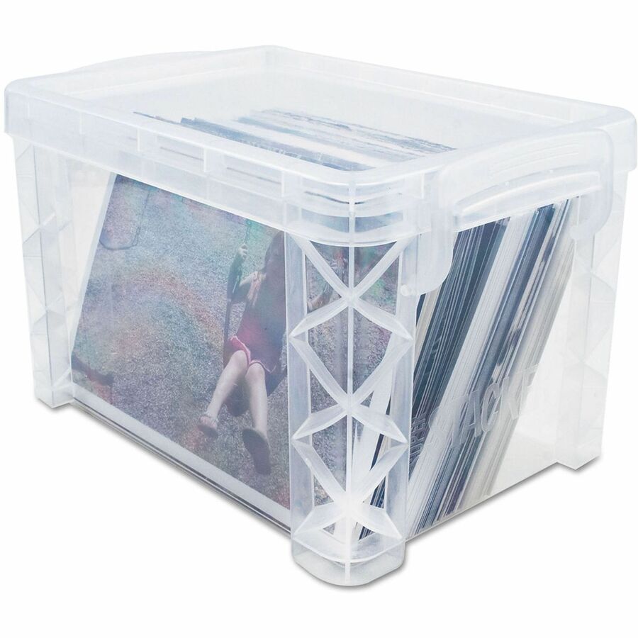 External Dimensions: 6.3" Width x 4" Depth x 3.6" Height - Media Size Supported: Index Card 3" x 5" - 400 x Card - Lift-off Closure - Stackable - Plastic - Clear - For Index Card, Artwork, Craft Supplies, Recipe, Office Supplies, File - 1 Each