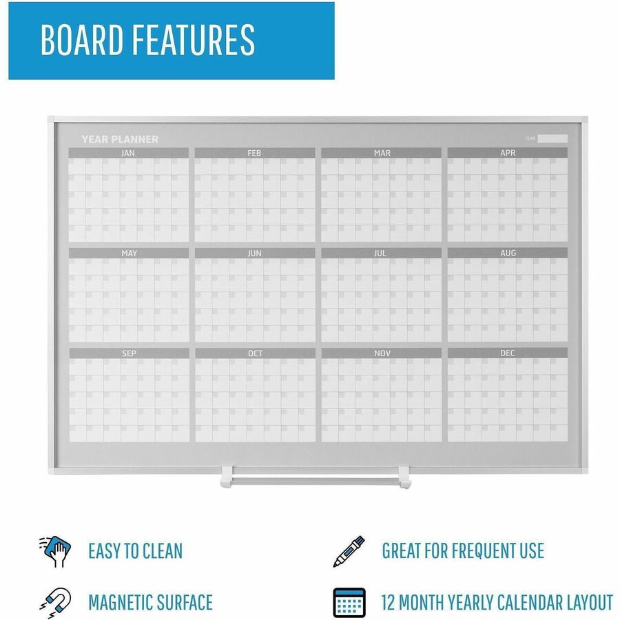 Julian Dates - Monthly, Weekly, Daily - 12 Month - Silver, White - Aluminum - 36" Height x 48" Width - Scratch Resistant, Ghost Resistant, Accessory Tray, Dry Erase Surface, Magnetic - 1 Each