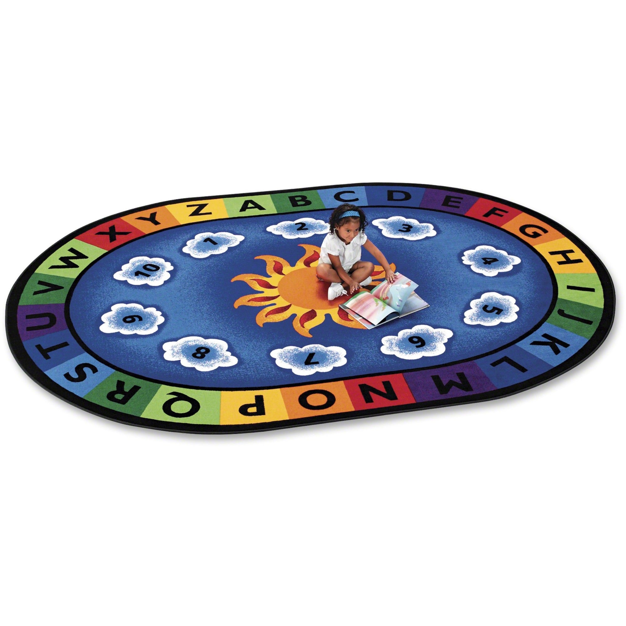 Carpets for Kids Premium Sunny Day Learn/Play Oval Rug, 113" x 81", Numbers and Letters Design, 1 Each