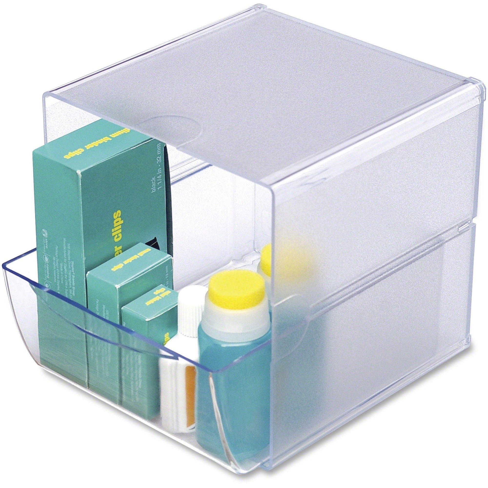 Deflecto Stackable Cube Organizer, 1 Drawer, 6" x 6" x 7.20", Clear Plastic, Includes Clips, 1 Each