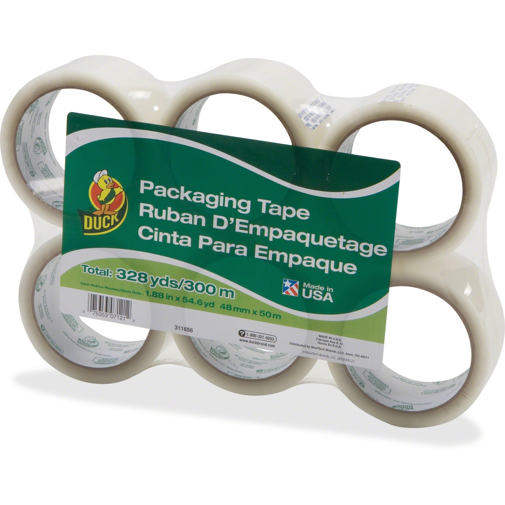 Duck Brand Standard-Grade Packing Tape, Clear, 54.60 yd x 1.88" x 1.9 mil, Acrylic Backing, Water Resistant, 1 Pack