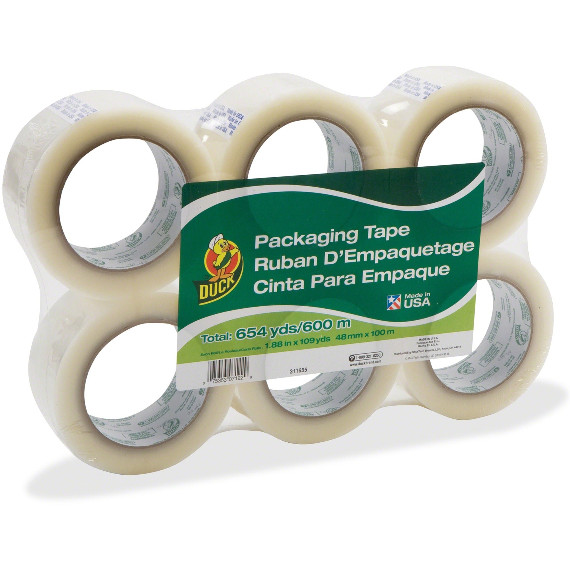 Duck Brand Standard-Grade Packing Tape, Clear, 1.88" x 109.30 yd x 1.9 mil, Acrylic Backing, Water Resistant, 1 Pack