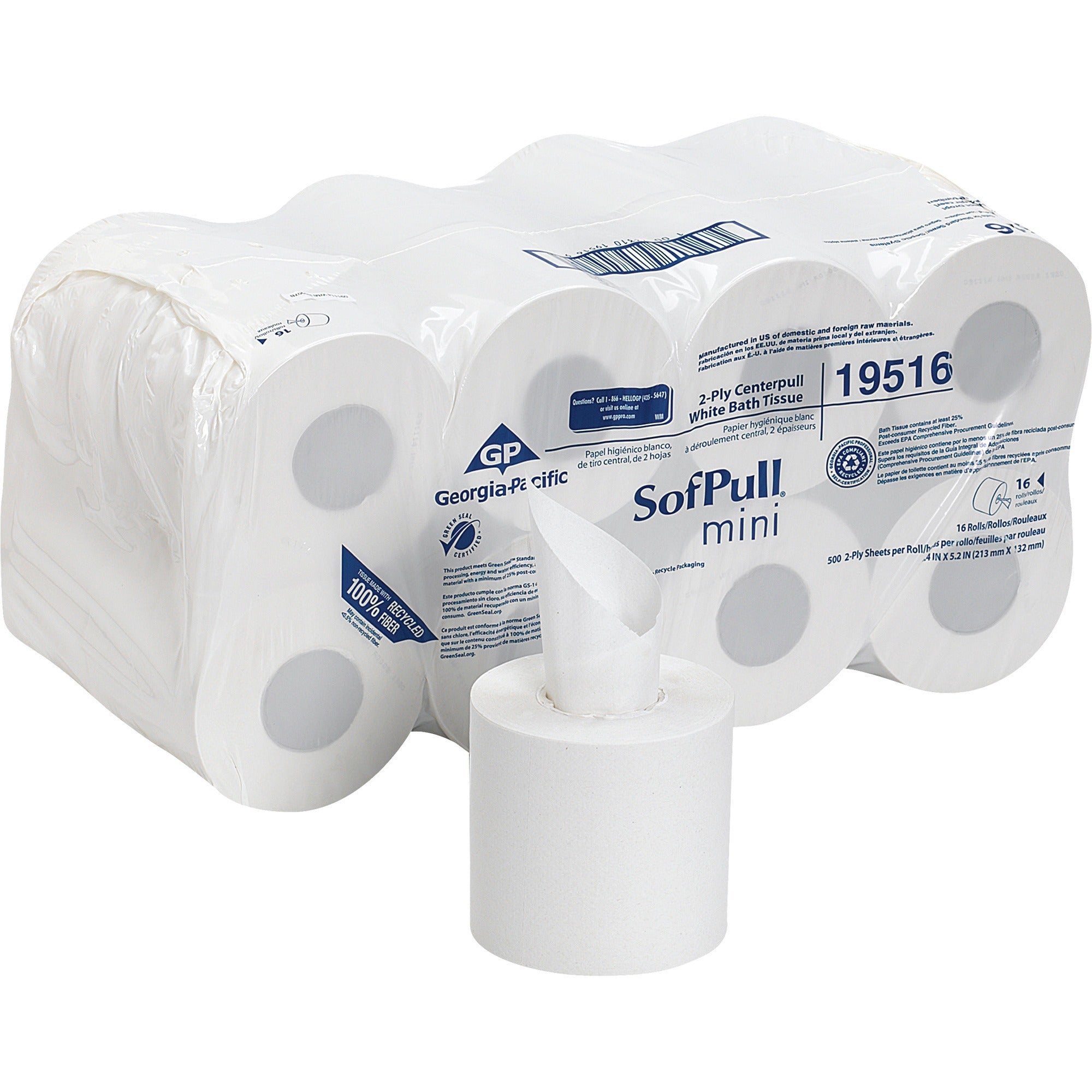 2 Ply - 5.25" Width x 8.50" Length - 500 Sheets/Roll - White - Fiber - 16 Rolls Per Carton - 16 / Carton