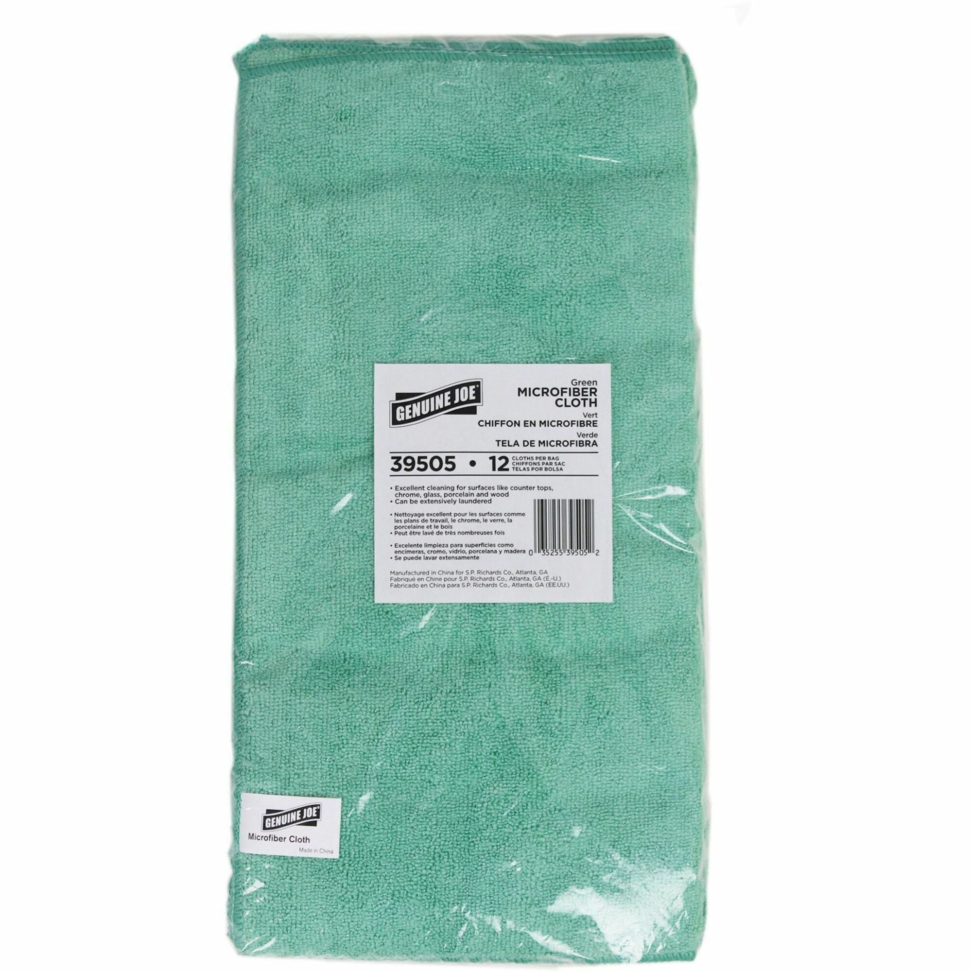 Genuine Joe General Purpose Microfiber Cloth, 16" x 16", Chemical Resistant, Oil-free, Lint-free, Green, 12 per Bag