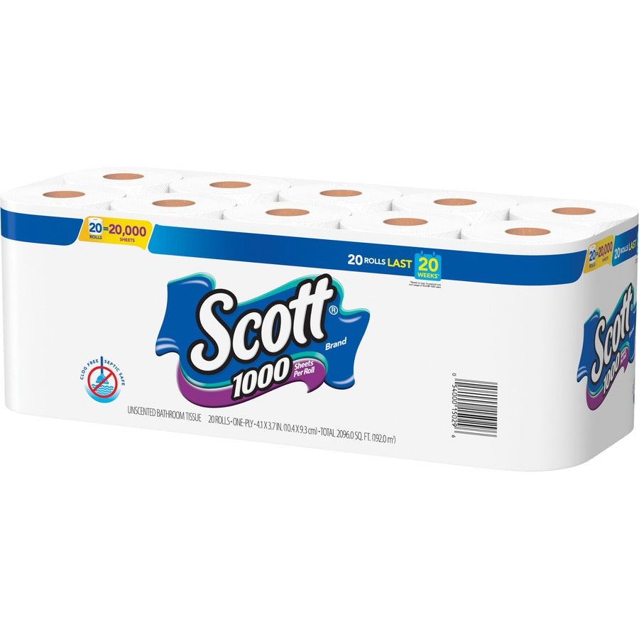 Scott Toilet Paper, 1 Ply, 1000 Sheets per Roll, White, 20 Rolls per Pack