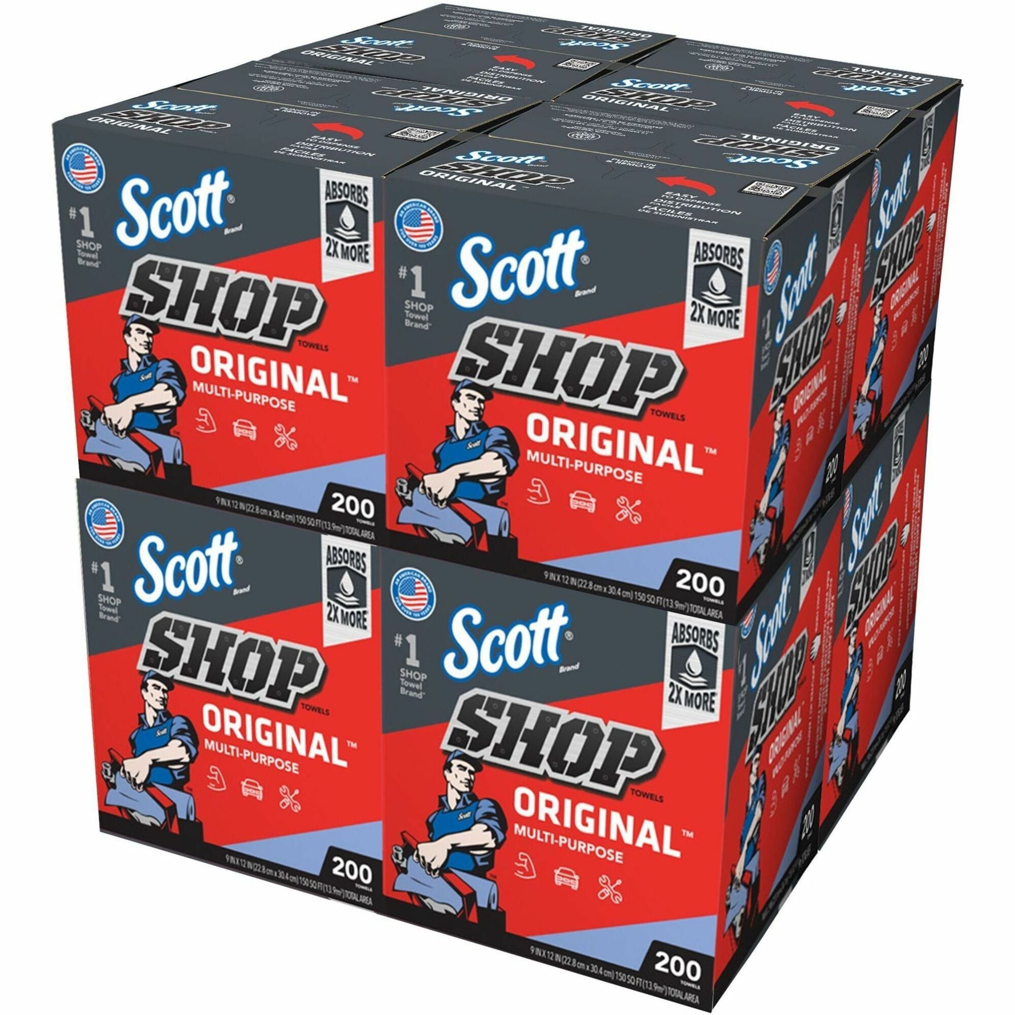 Scott Original Shop Towels, Blue, 12" x 9", 200 Towels per Box, 8 Boxes per Carton