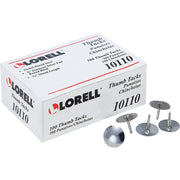 Lorell 5/16" Long Thumb Tacks, 0.31" Shank, 0.37" Head, Silver Nickel Plated Steel, 100 Pack
