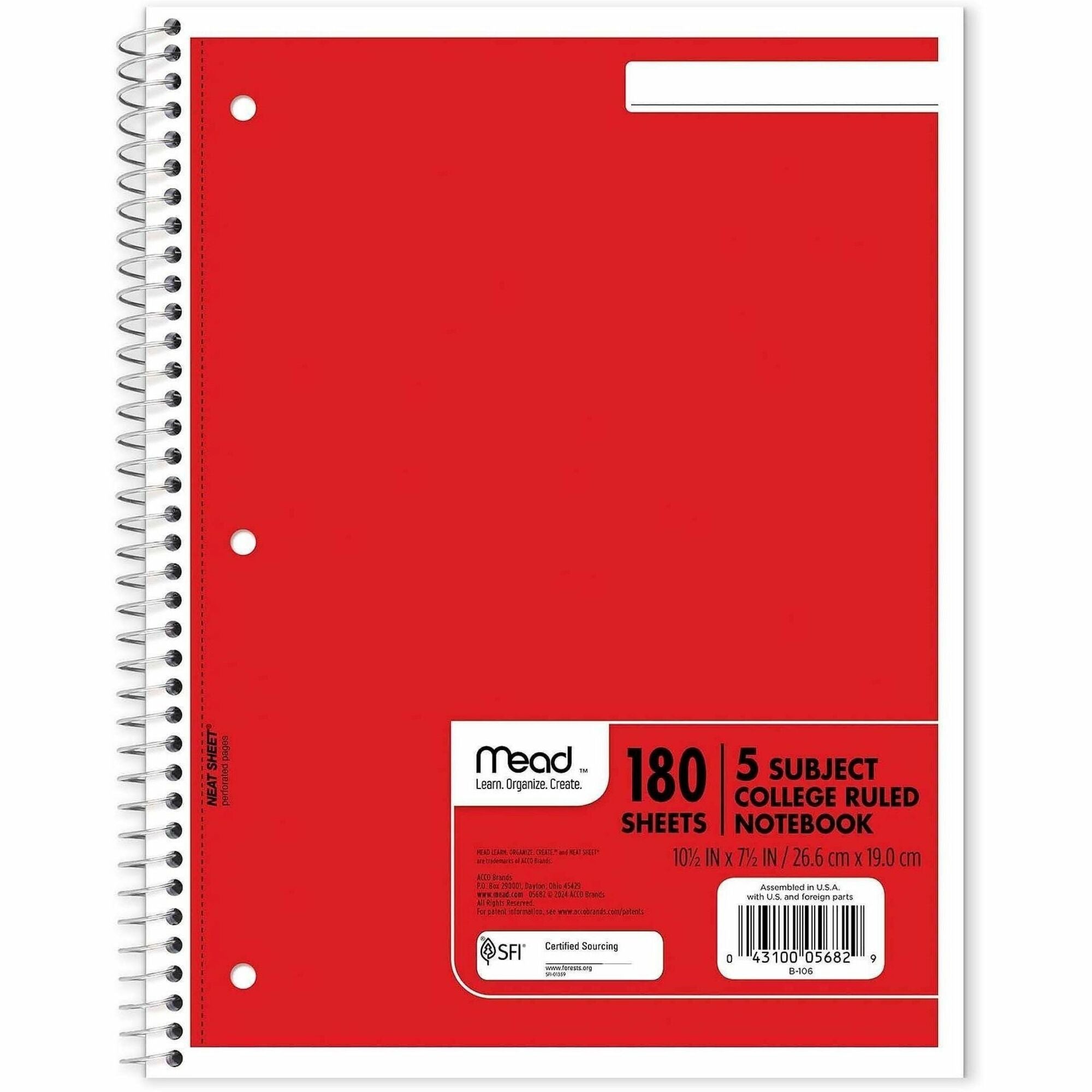 180 Sheets - Wire Bound - College Ruled Front Ruling - 7 1/2" x 10 1/2" Sheet Size - White Paper - Blue, Green, Red Cover - Divider, Compact, Subject - 1 Each