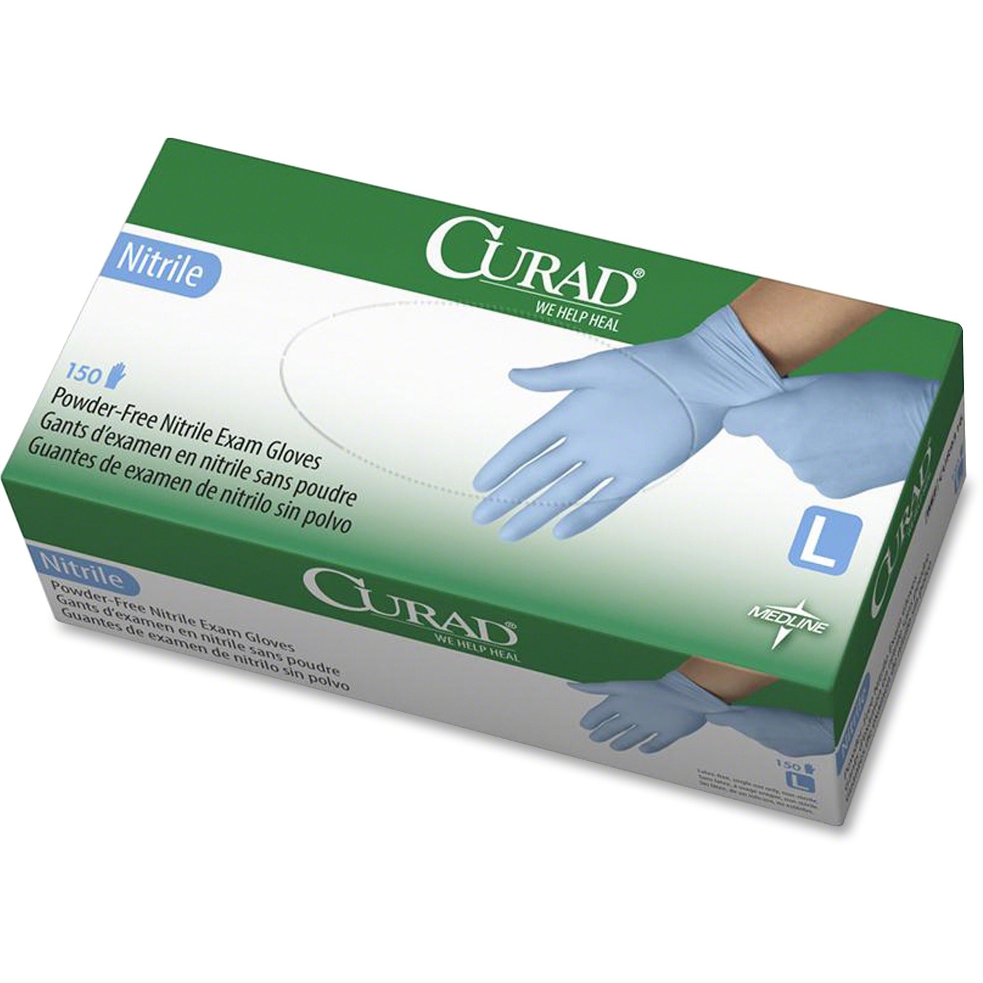 Curad Powder-free Nitrile Disposable Exam Gloves, Large, Full-Textured, Blue, Latex-Free, Non-Sterile, Chemical Resistant, 9.50" Length, 150/Box